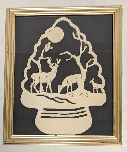 Art Vintage Scroll Sawn Cut Out Deer Scene Arrow Head Enblem in frame under glass
