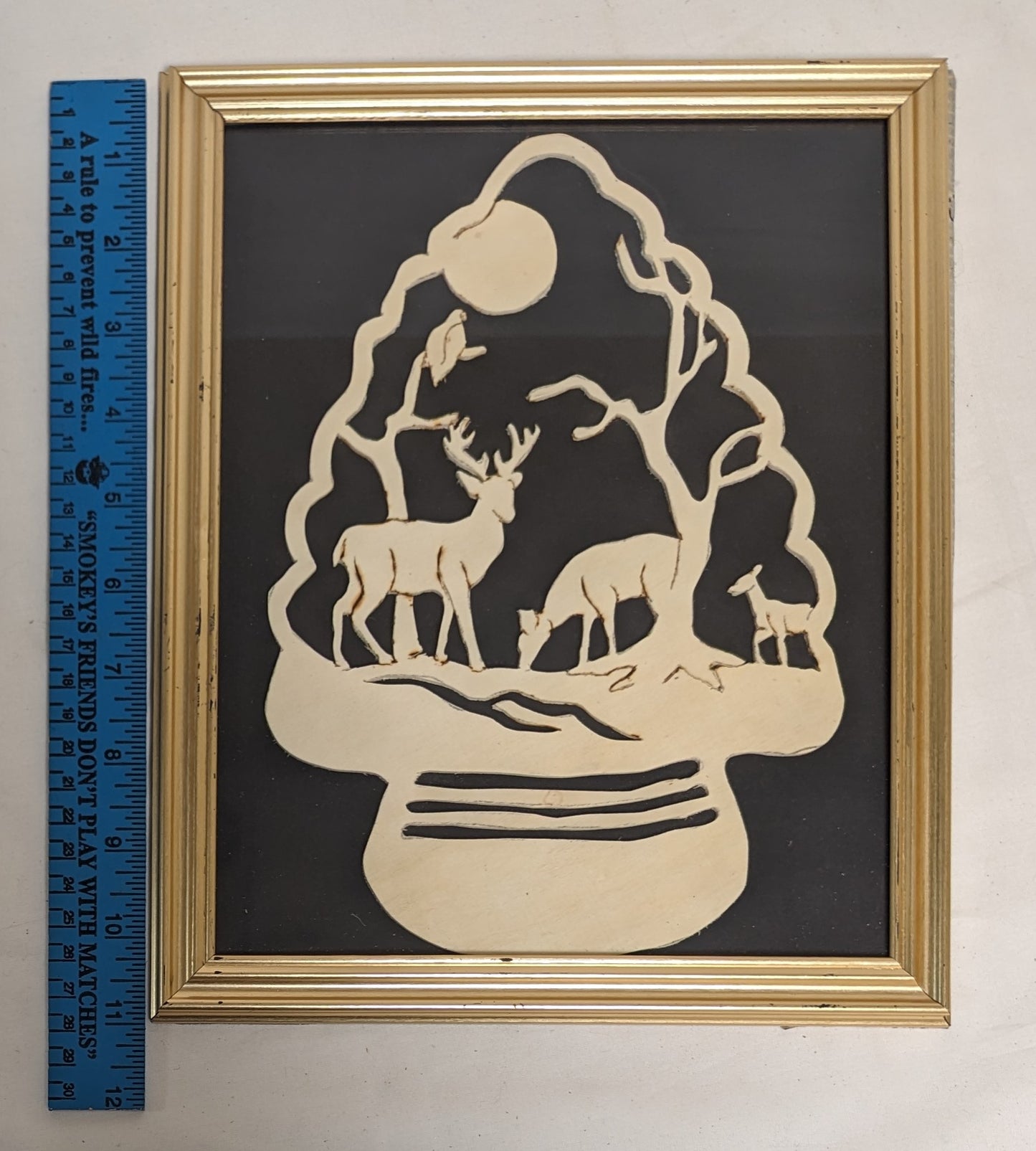 Art Vintage Scroll Sawn Cut Out Deer Scene Arrow Head Enblem in frame under glass