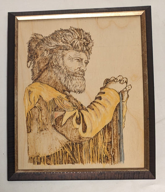 Art Vintage Pyrography on wood Mountain Man Portrait  in frame under glass