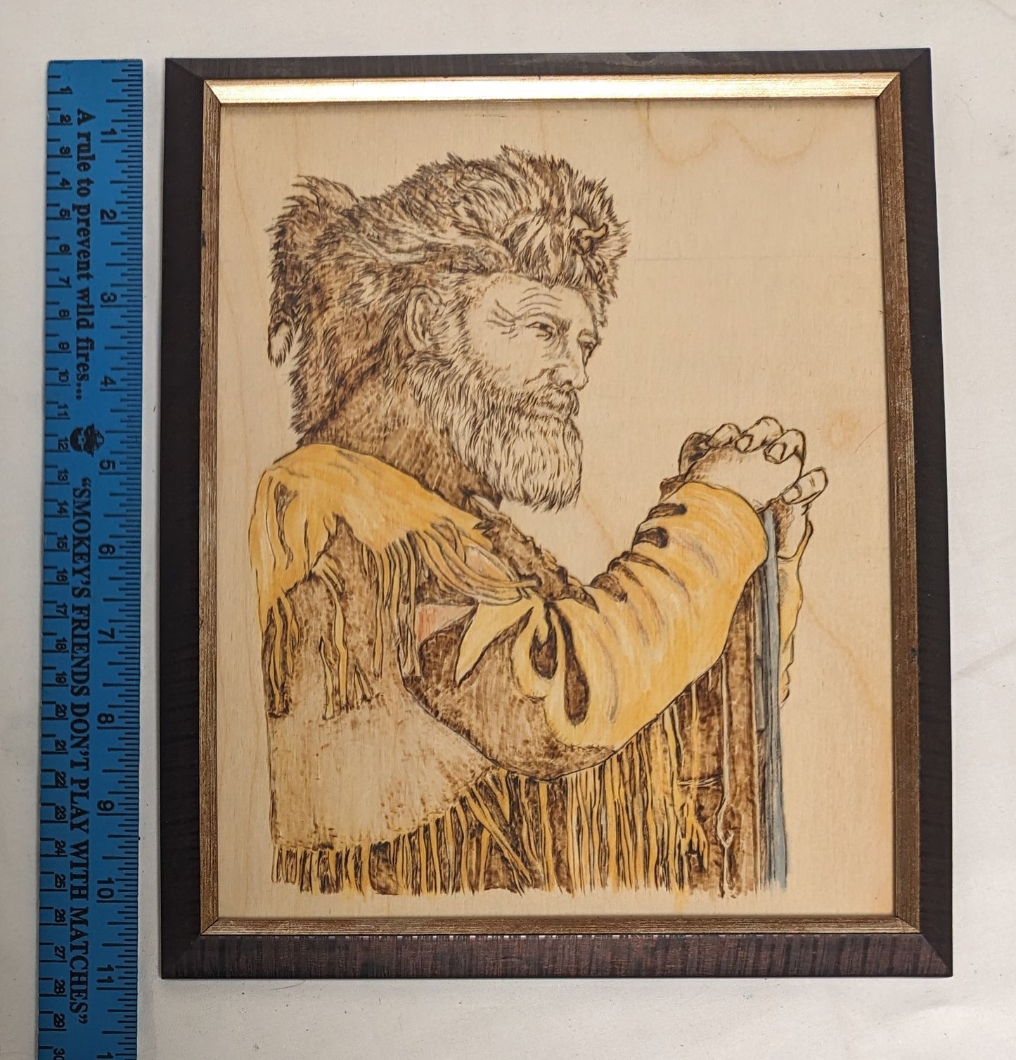 Art Vintage Pyrography on wood Mountain Man Portrait  in frame under glass