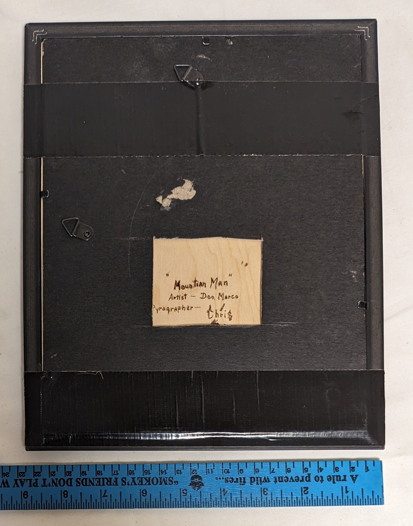 Art Vintage Pyrography on wood Mountain Man Portrait  in frame under glass