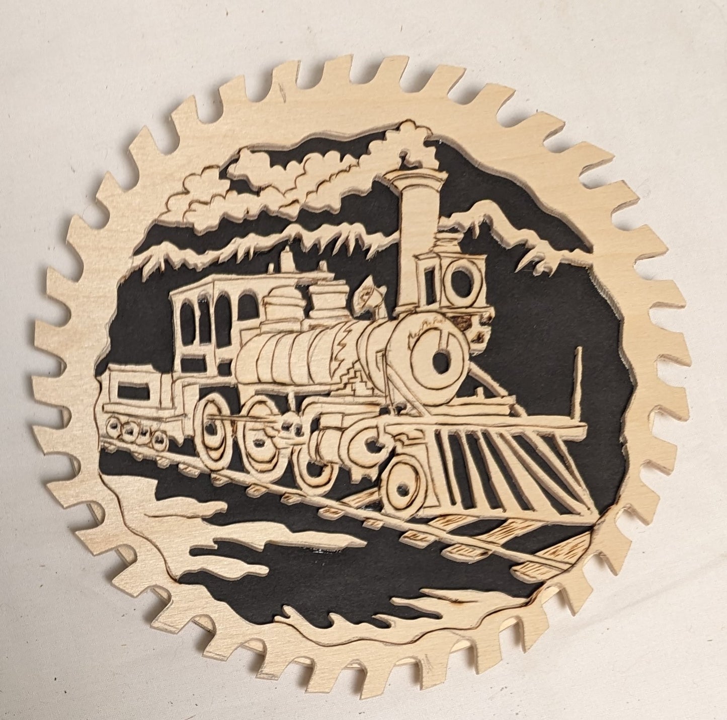 Art Vintage scroll Sawn Cut out on wood shapeed Sawblade "Train Scene"