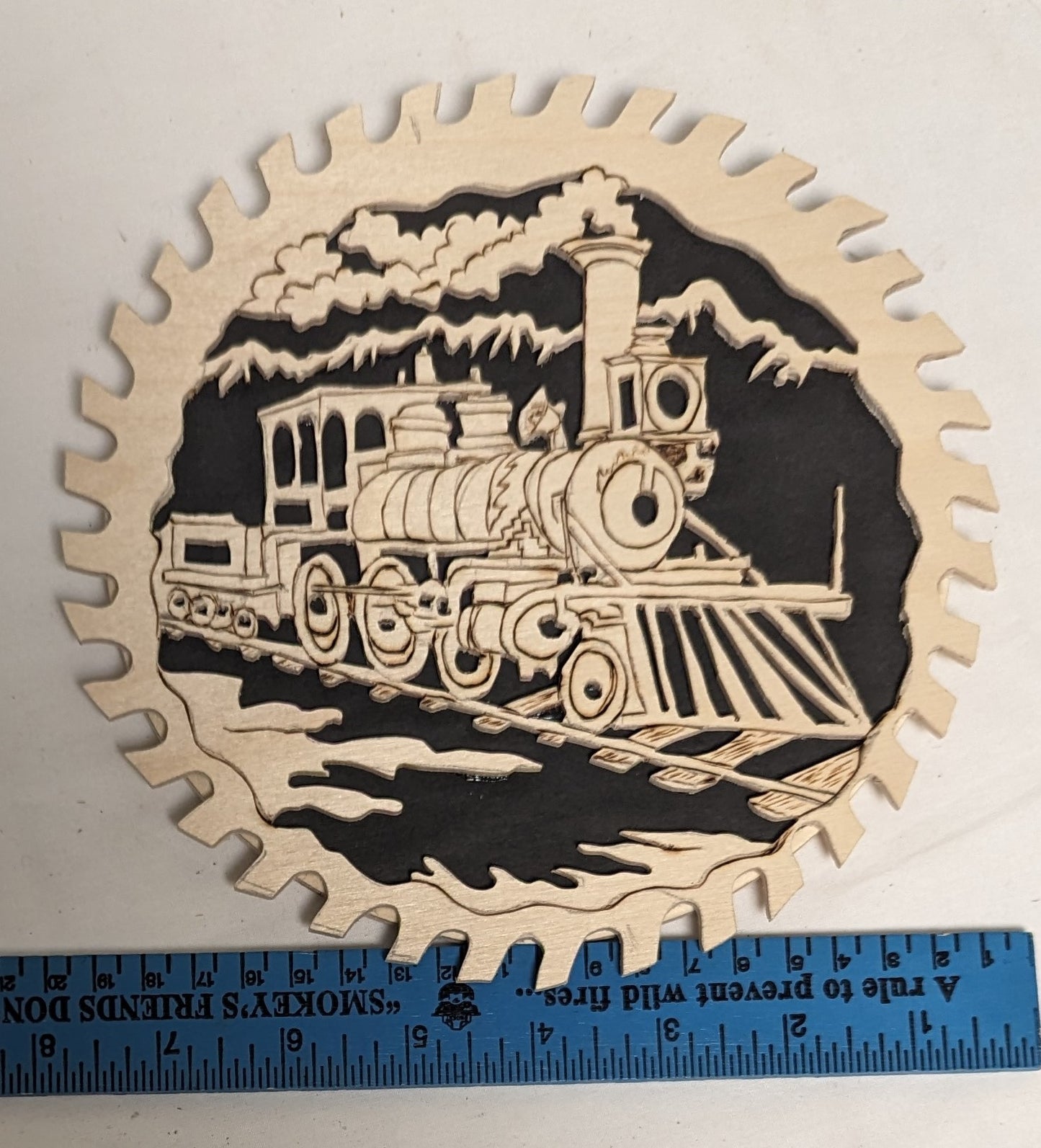 Art Vintage scroll Sawn Cut out on wood shapeed Sawblade "Train Scene"