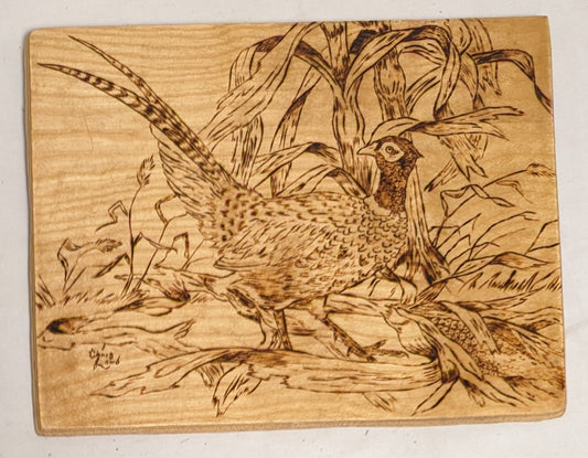 Art Vintage  Hand Pyrography on wood " Pheasents in Cornfield' Cabincore