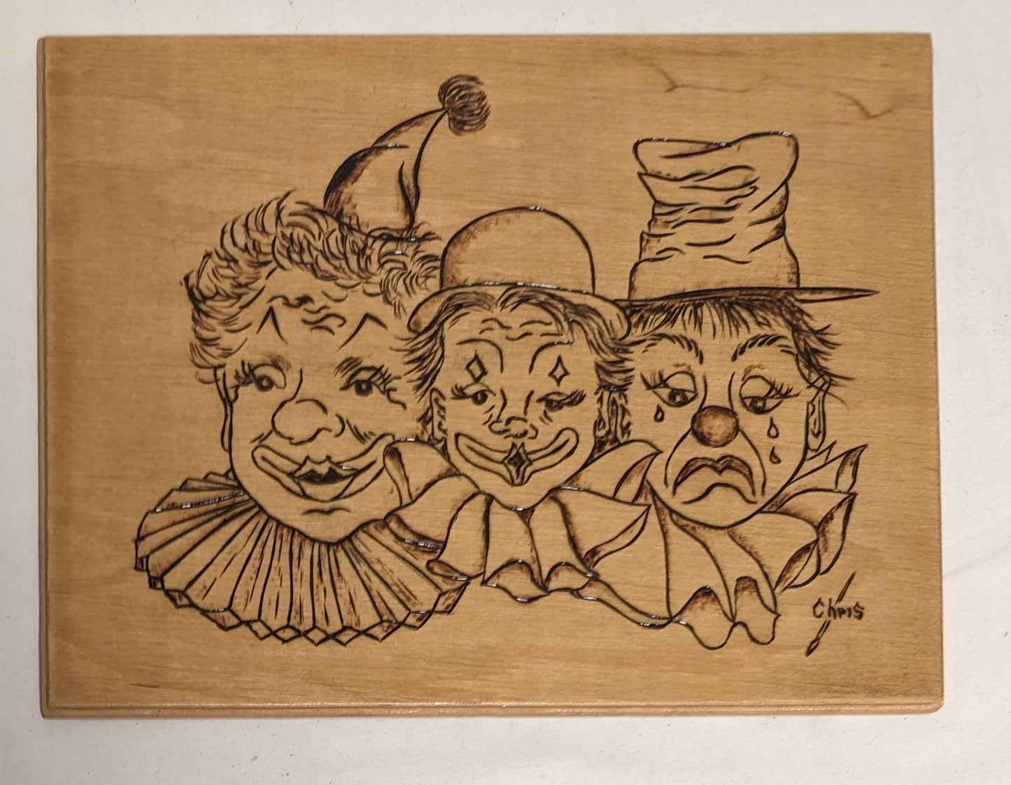 Art Vintage Rare Hand Pyrography on wood " Three Clowns"