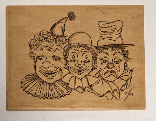 Art Vintage Rare Hand Pyrography on wood " Three Clowns"