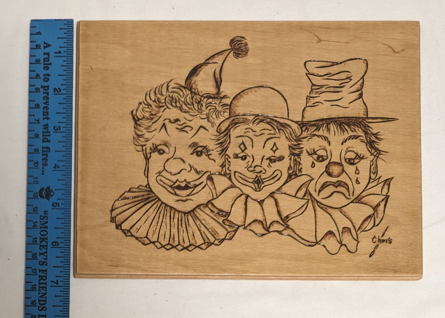Art Vintage Rare Hand Pyrography on wood " Three Clowns"