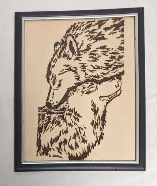 Art Vintage Rare Hand Pyrography on wood " Two Wolves" in frame under glass