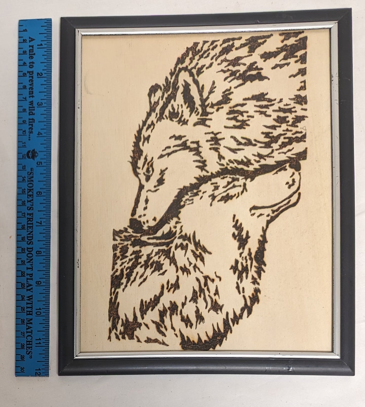 Art Vintage Rare Hand Pyrography on wood " Two Wolves" in frame under glass