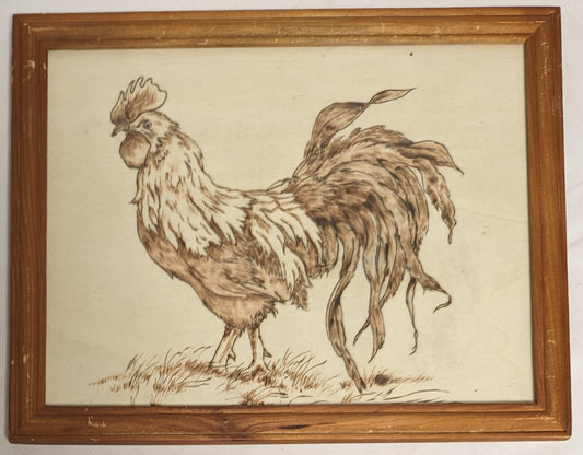 Art Vintage Rare Pyrography on wood " Rooster Struting" in frame under glass Homesteadcore