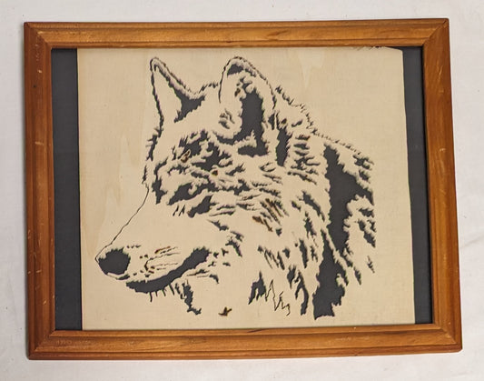 Art Vintage Rare Scroll Sawn Cutout on wood" Wolf Head " in frame under glass Cabincore