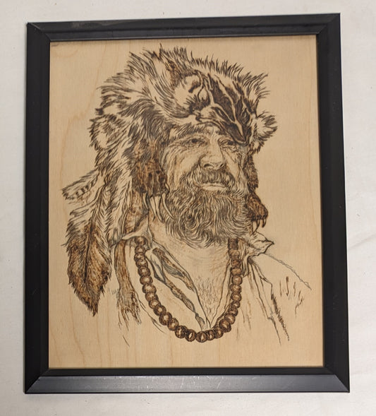 Art Vintage Rare Pyrography on wood" Free Trapper " in frame under glass Cabincore Credited and Autographed