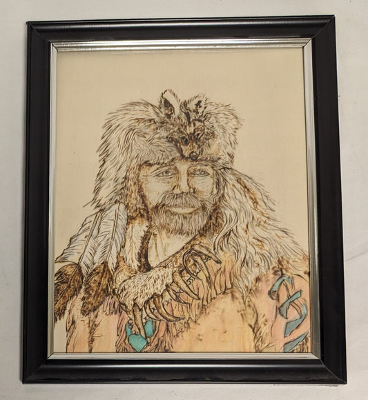 Art Vintage Rare Pyrography Colored on wood" Trapper " in frame under glass Cabincore
