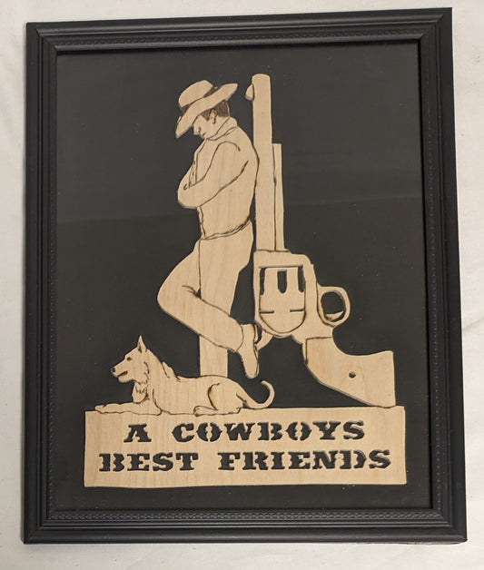 Art Vintage Rare Scroll Sawn Pyrography  on wood" Cowboy Friends" in frame under glass Cabincore