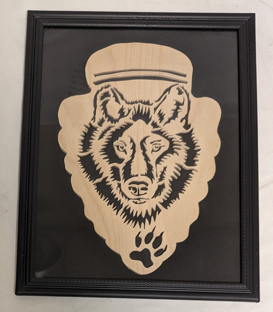 Art Vintage Rare Scroll Sawn on wood" Wolf Arrowhead Emblem" in frame under glass Cabincore