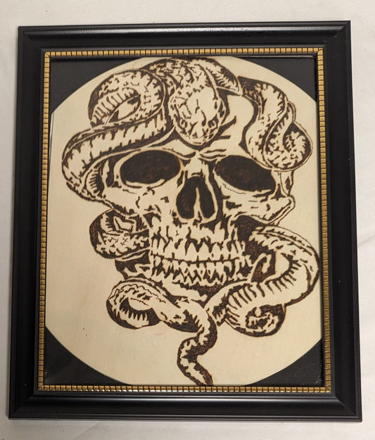 Art Vintage Rare Pyrography on wood" Snake and Skull Emblem" in frame under glass Emocore