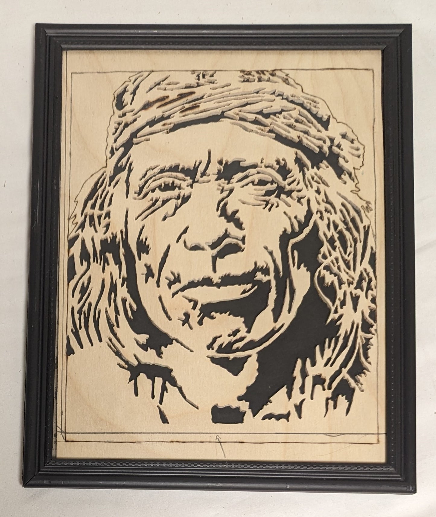 Art Rare Vintage Scroll Sawn Cutout on wood " Shiwawatiwa the Zuni" in frame under glass Credited and Autographed