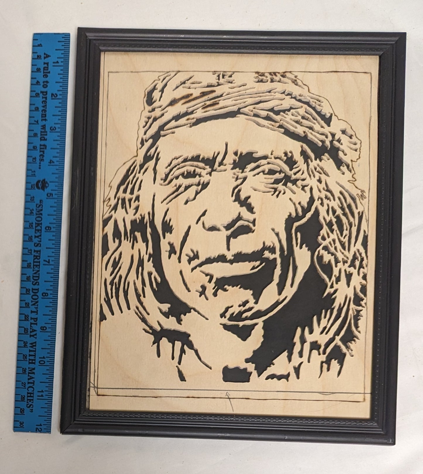 Art Rare Vintage Scroll Sawn Cutout on wood " Shiwawatiwa the Zuni" in frame under glass Credited and Autographed