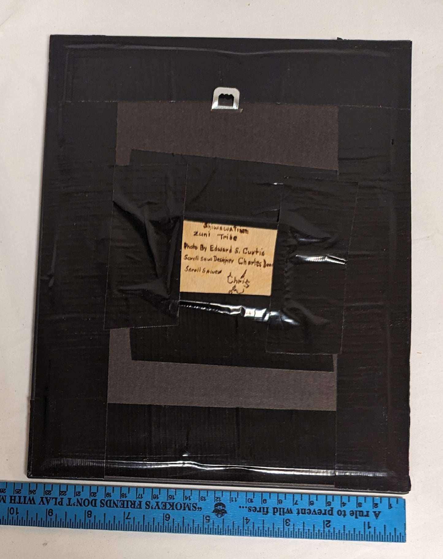 Art Rare Vintage Scroll Sawn Cutout on wood " Shiwawatiwa the Zuni" in frame under glass Credited and Autographed