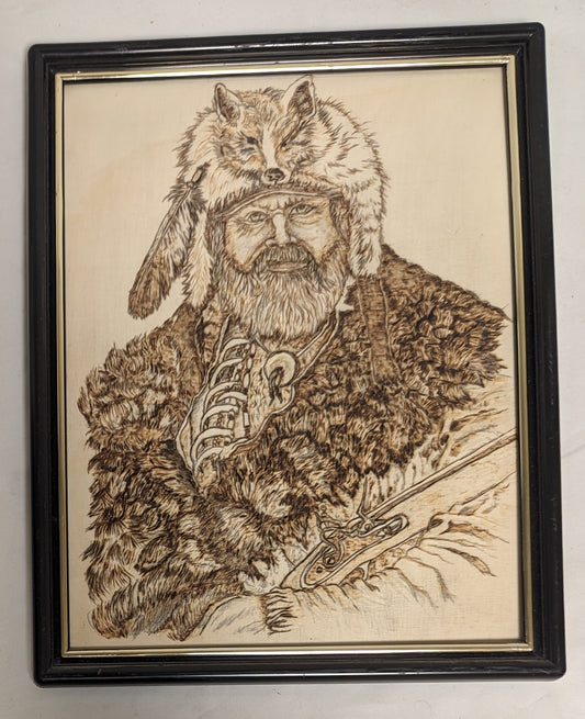 Art Vintage Rare Pyrography on wood Portait " Mountain Man " in frame under glass Cabincore Credited and Autographed