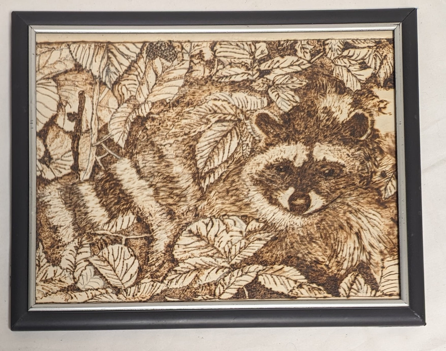 Art Vintage Rare Pyrography Burned in wood " Racoon " in frame under glass `