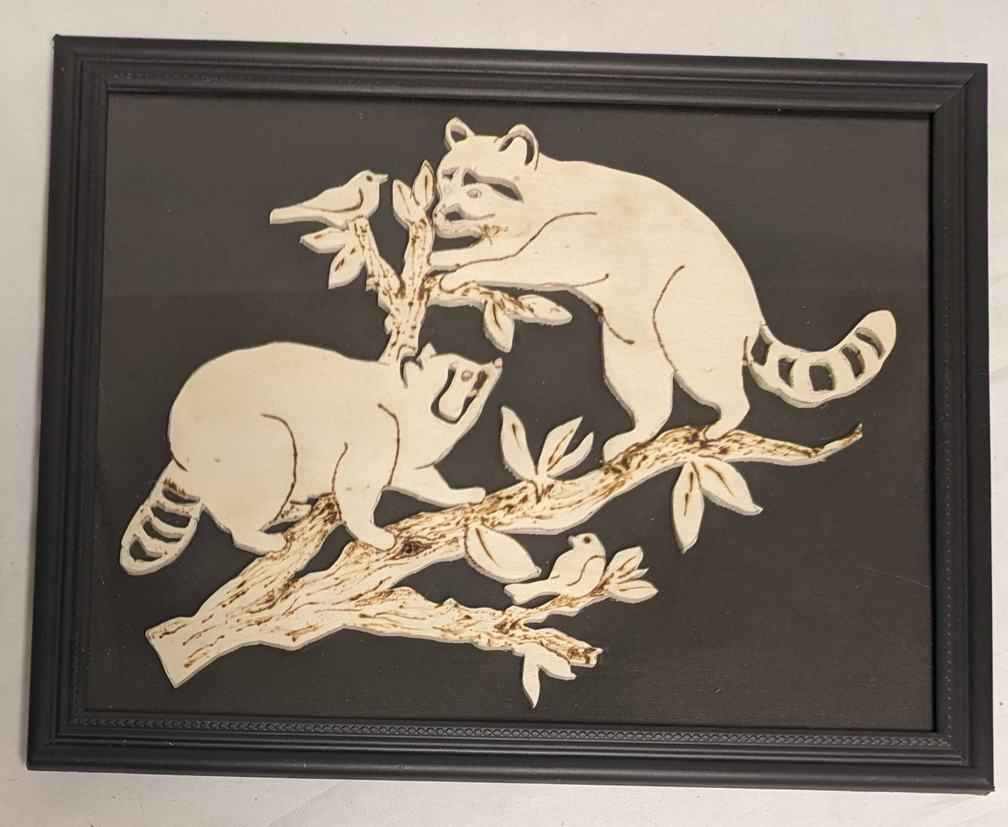 Art Vintage Rare Scroll Sawn Cutout in wood " Racoons and Birds " in frame under glass `