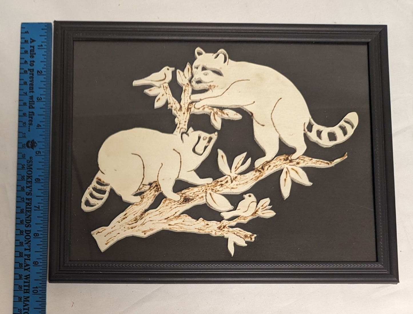 Art Vintage Rare Scroll Sawn Cutout in wood " Racoons and Birds " in frame under glass `