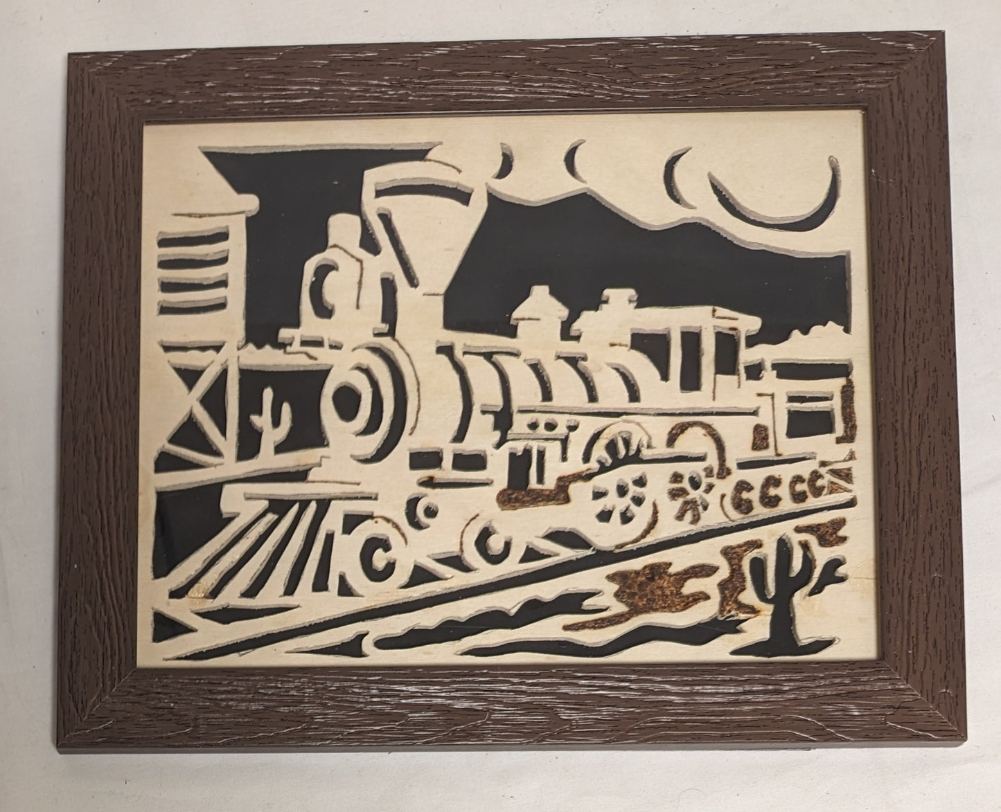 Art Vintage Rare Scroll Sawn Pyrography Cutout in wood " Stean Locomotive " in frame under glass `