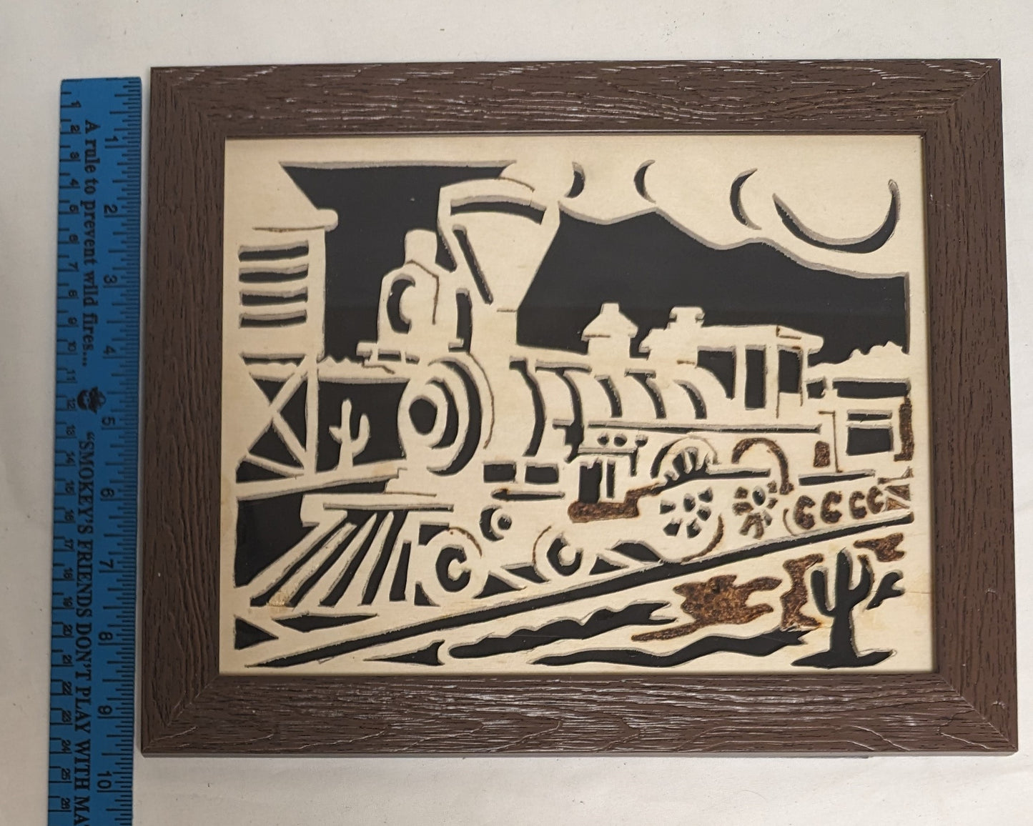 Art Vintage Rare Scroll Sawn Pyrography Cutout in wood " Stean Locomotive " in frame under glass `