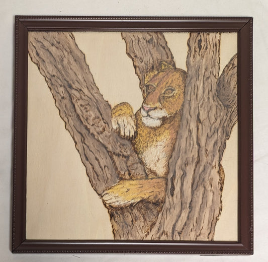 Art Vintage Rare Hand Pyrography colored  on wood " Lion in tree " in frame under glass `