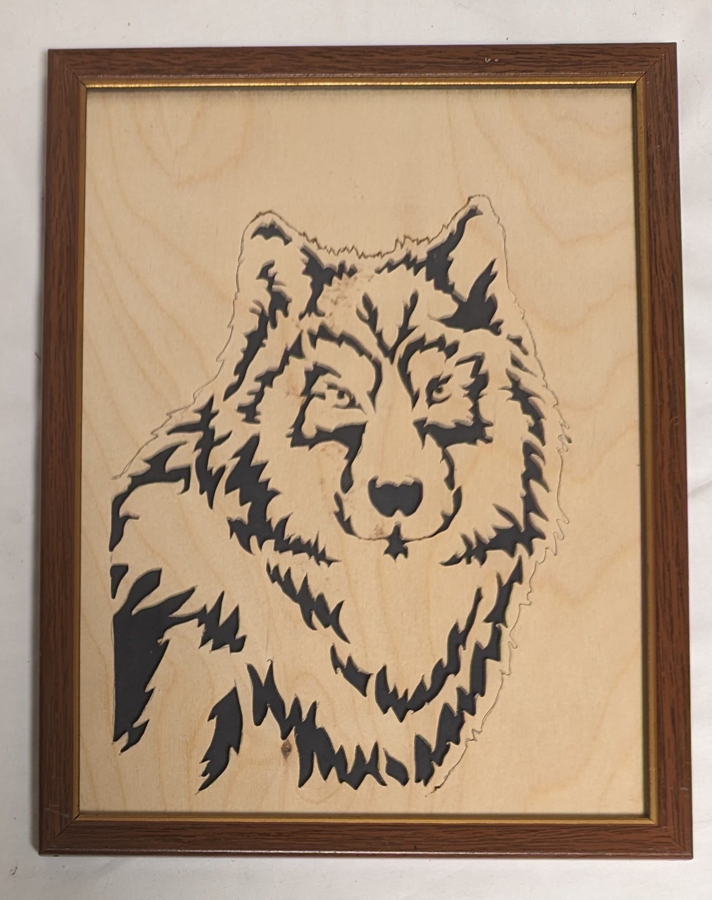 Art Vintage Rare Hand Scroll Sawn Cutout in wood " Wolf head " in frame under glass `