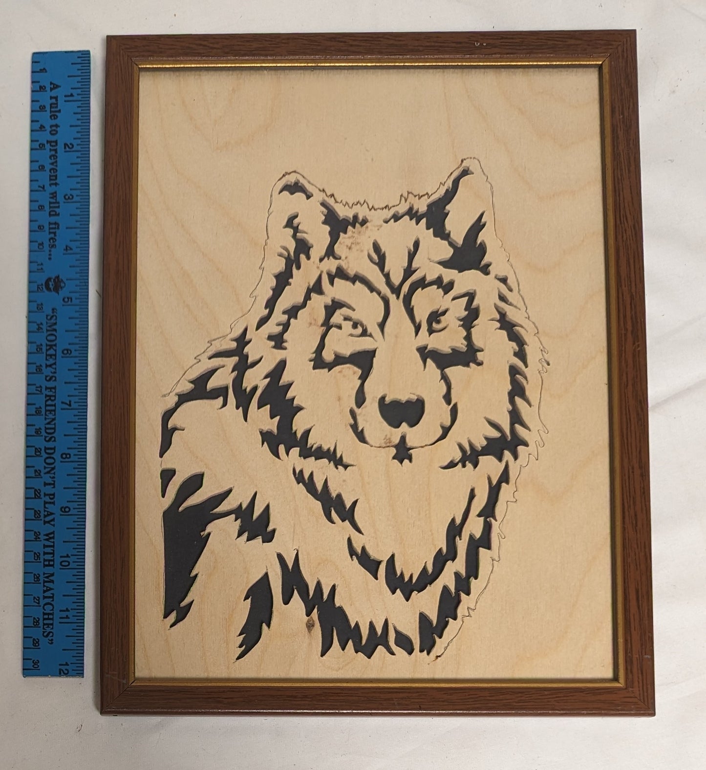 Art Vintage Rare Hand Scroll Sawn Cutout in wood " Wolf head " in frame under glass `
