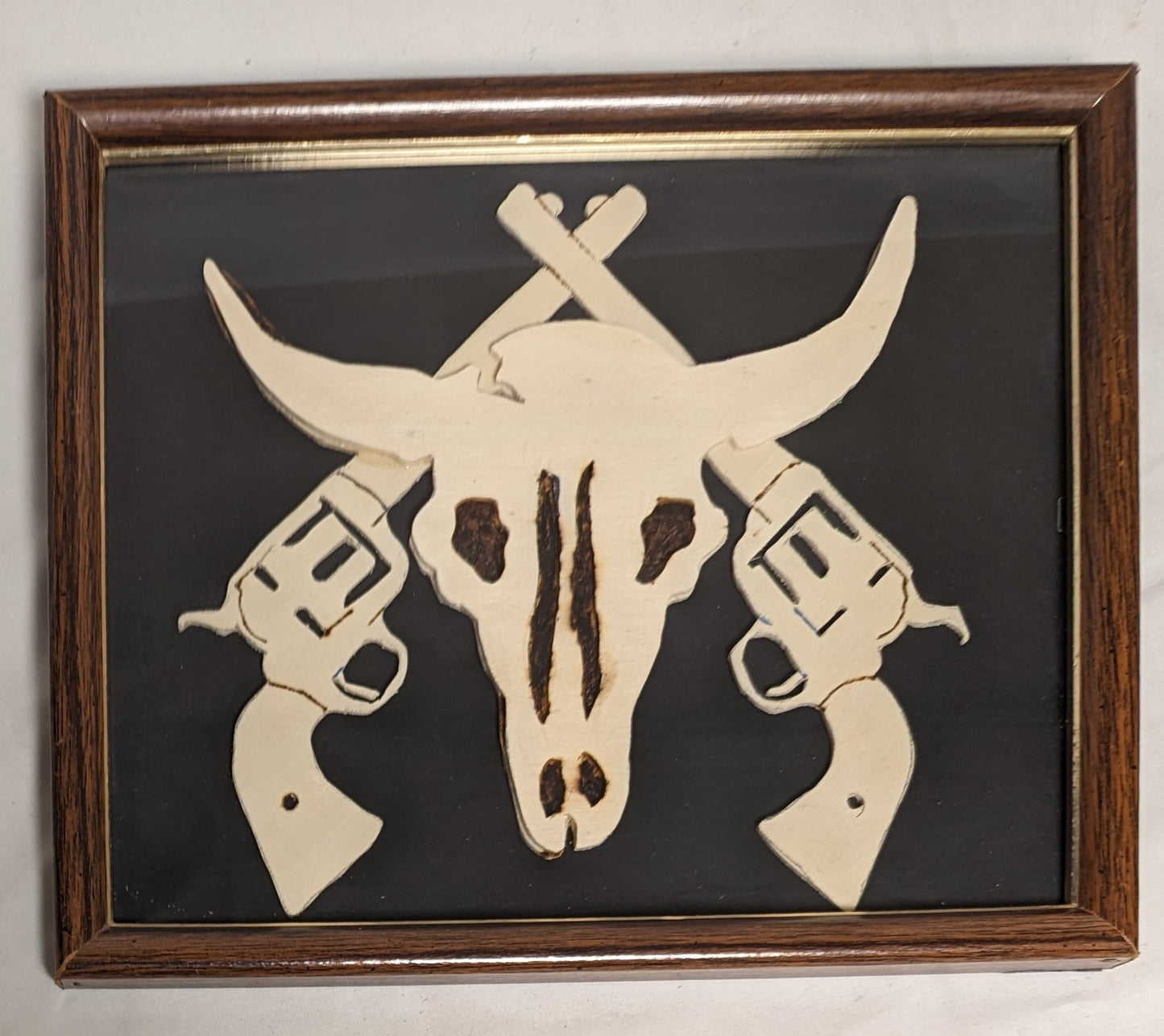 Art Hand Made Vintage Pyrography Scroll Sawn Cuttout Emblem " Skull And Crossed Pistols" In Frame under Glass