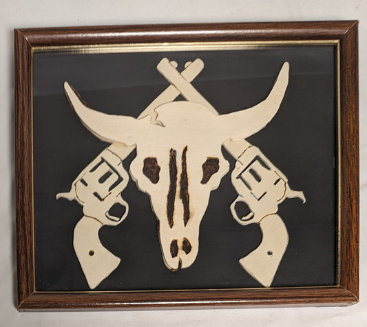 Art Hand Made Vintage Pyrography Scroll Sawn Cuttout Emblem " Skull And Crossed Pistols" In Frame under Glass