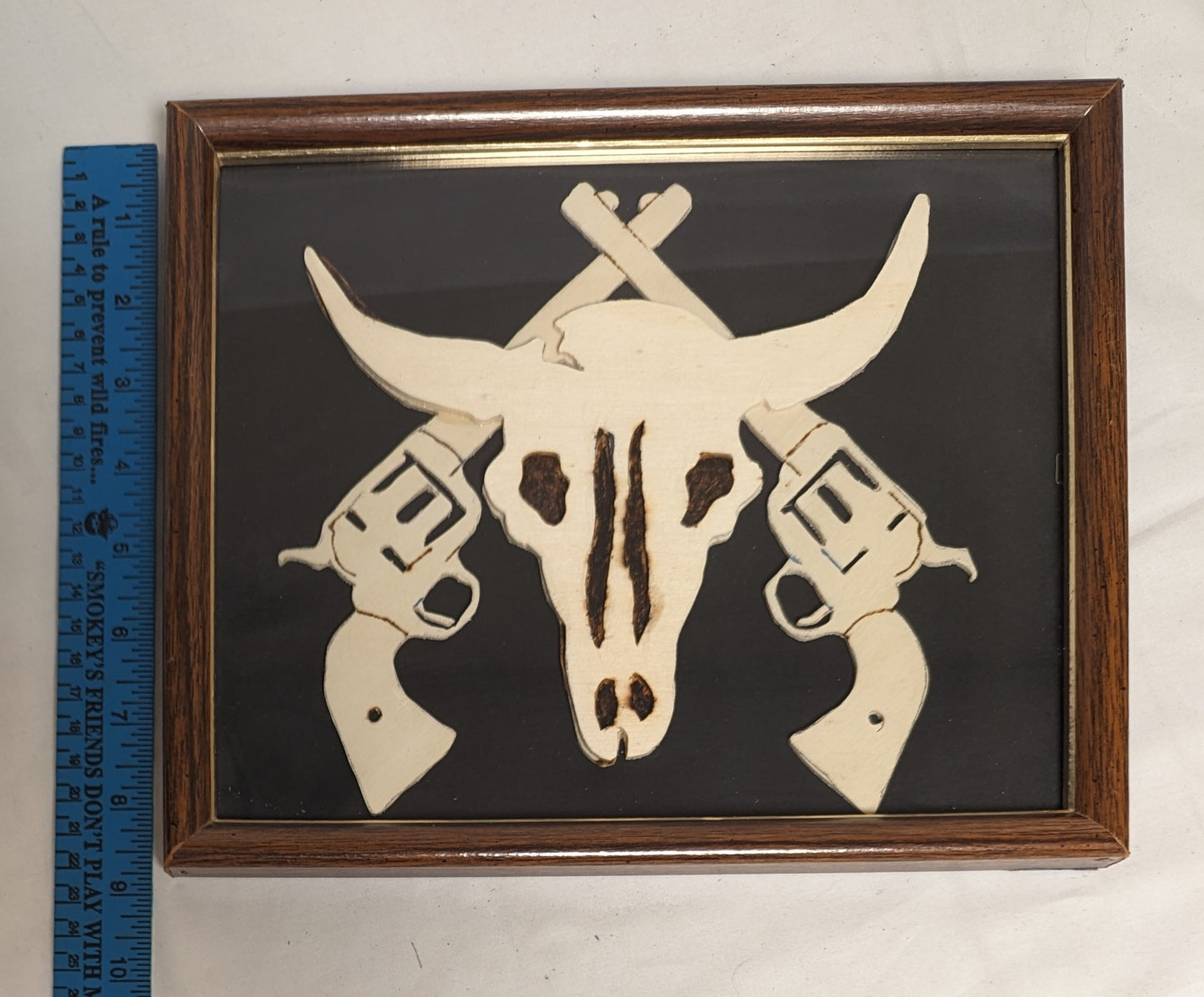 Art Hand Made Vintage Pyrography Scroll Sawn Cuttout Emblem " Skull And Crossed Pistols" In Frame under Glass