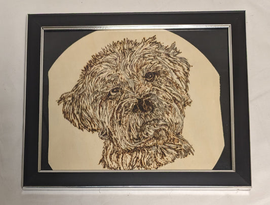 Art Hand Made Vintage Pyrography  " Shaggy Dog" In Frame under Glass