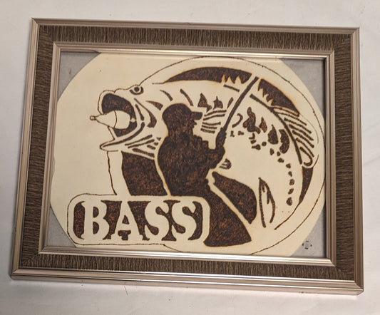 Art Hand Made Vintage Pyrography  " Bass Fishing Emblem" In Frame under Glass