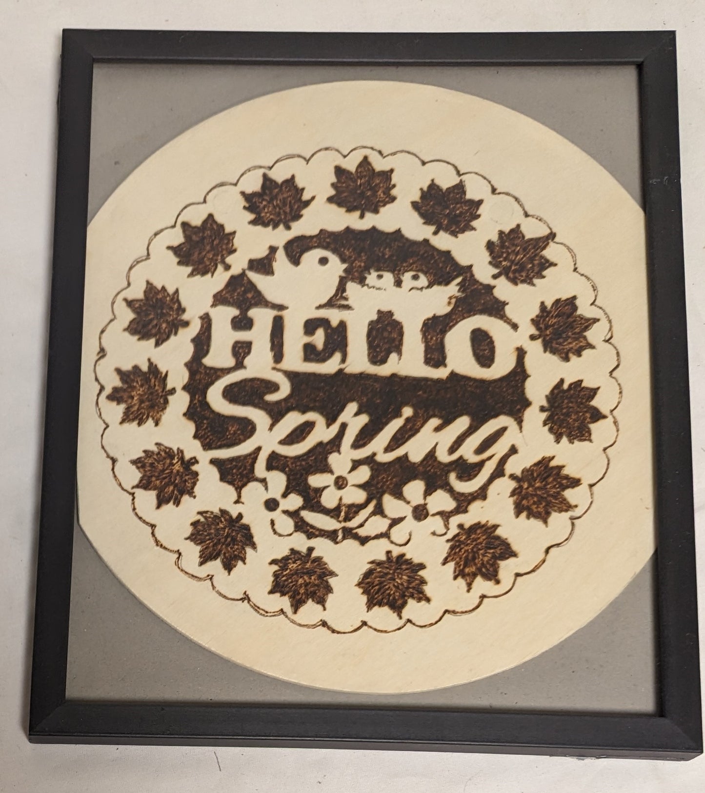 Art Hand Made Vintage Pyrography Sign " Hello Spring " In Frame under Glass