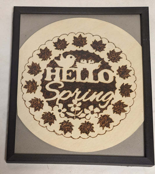 Art Hand Made Vintage Pyrography Sign " Hello Spring " In Frame under Glass