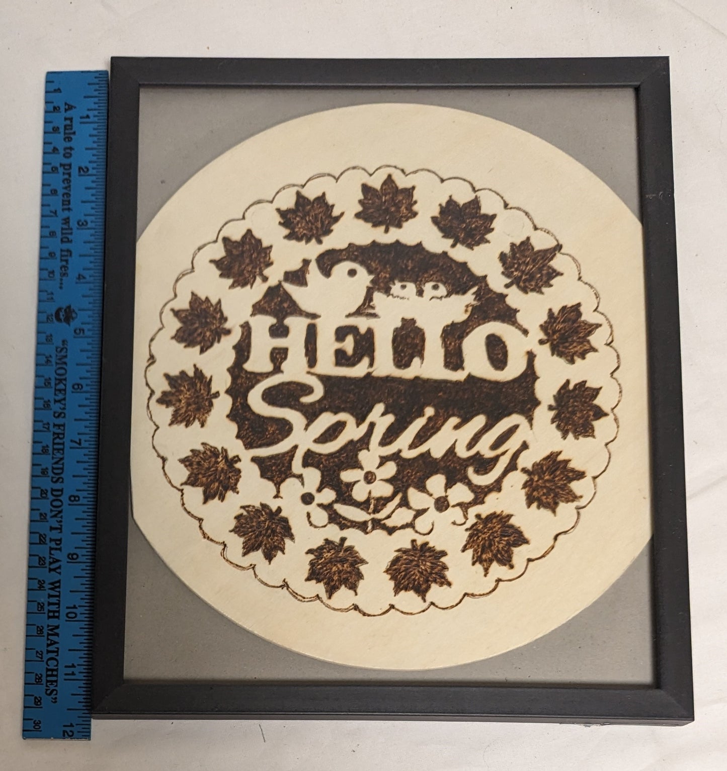 Art Hand Made Vintage Pyrography Sign " Hello Spring " In Frame under Glass