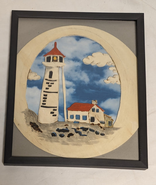Art Hand Made Vintage Mixed Media Pyrography  Scroll sawn Painting "  Light House" In Frame under Glass