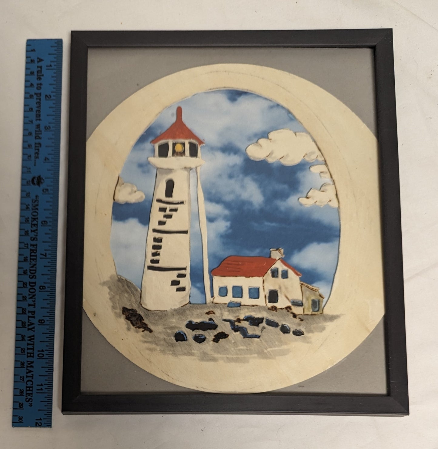 Art Hand Made Vintage Mixed Media Pyrography  Scroll sawn Painting "  Light House" In Frame under Glass
