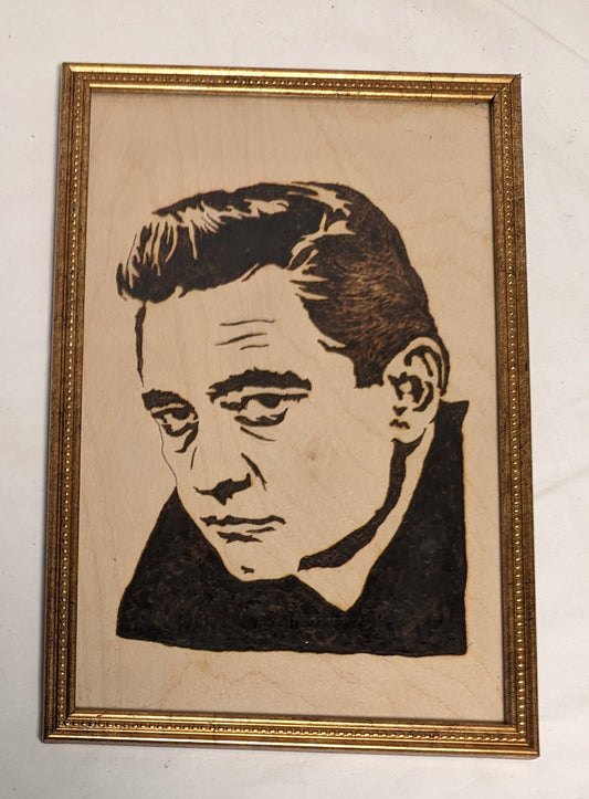 Art Hand Made Vintage Pyrography Portrait"  Johnny Cash " In Frame under Glass