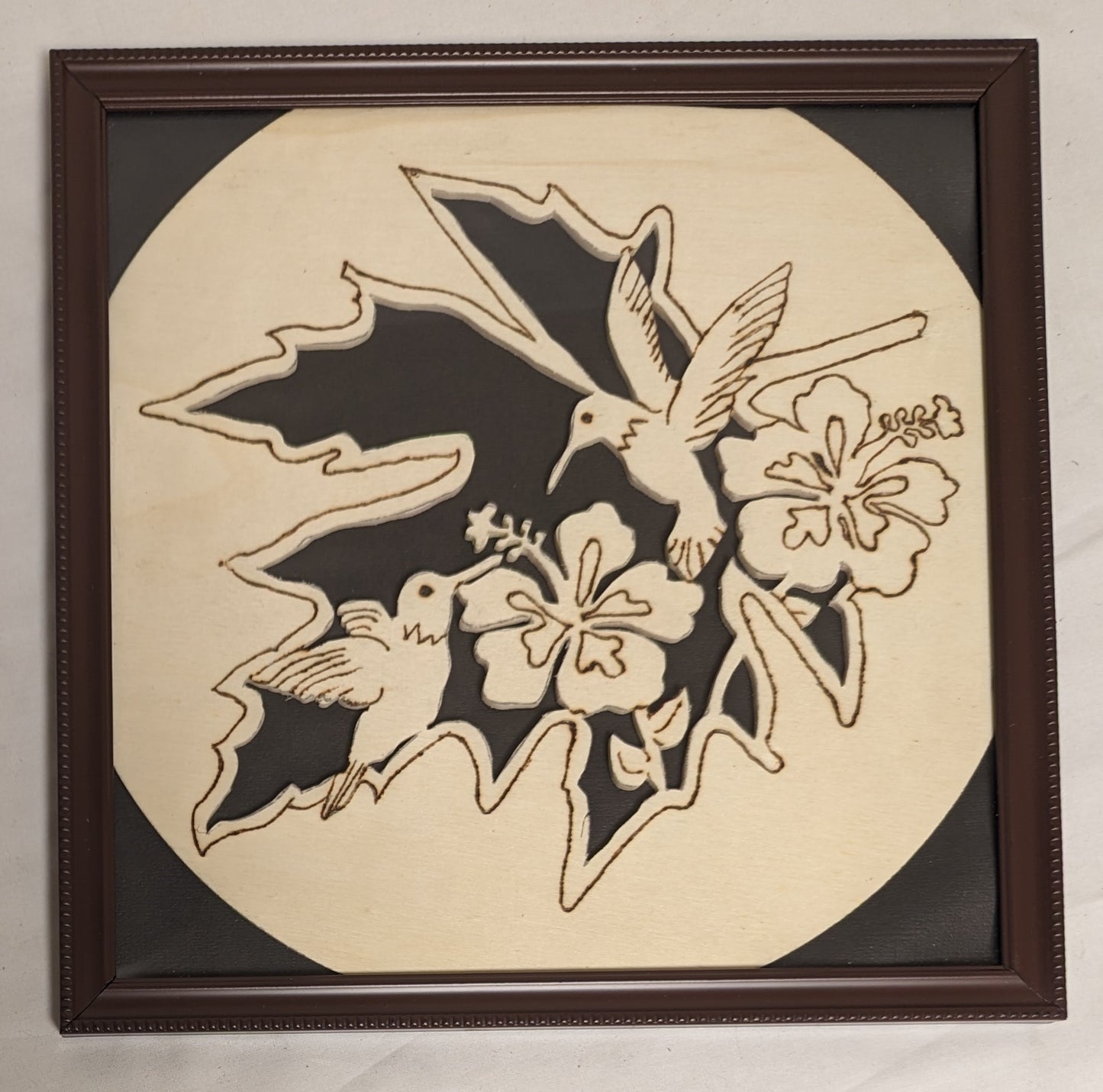 Art Hand Made Vintage Pyrography Emblem "  Hummingbirds in Hibiscus " In Frame under Glass