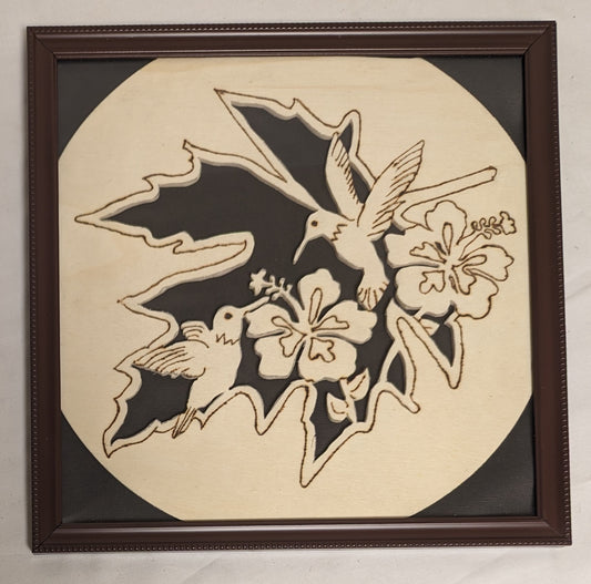 Art Hand Made Vintage Pyrography Emblem "  Hummingbirds in Hibiscus " In Frame under Glass
