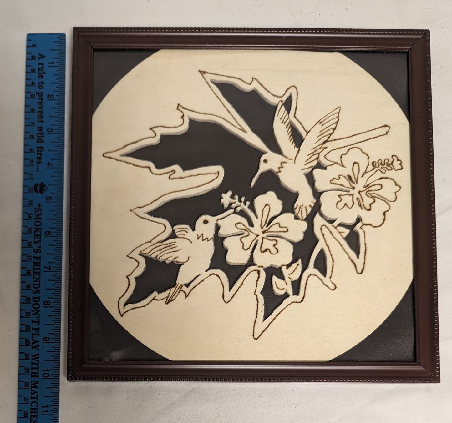 Art Hand Made Vintage Pyrography Emblem "  Hummingbirds in Hibiscus " In Frame under Glass