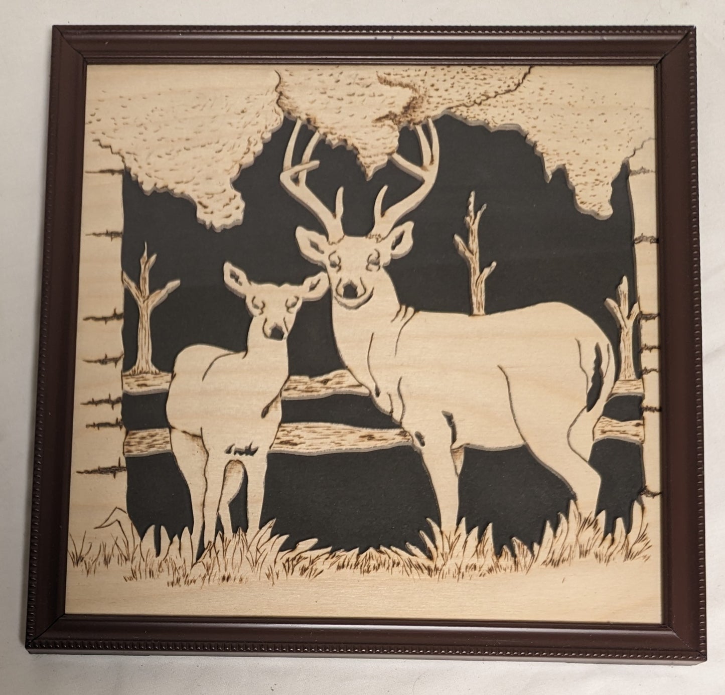 Art Hand Made Mixed Media Pyrography Scroll Sawn Portrait "Deer Scene"  Credited and Autographed In Frame under Glass