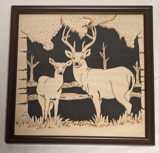 Art Hand Made Mixed Media Pyrography Scroll Sawn Portrait "Deer Scene"  Credited and Autographed In Frame under Glass