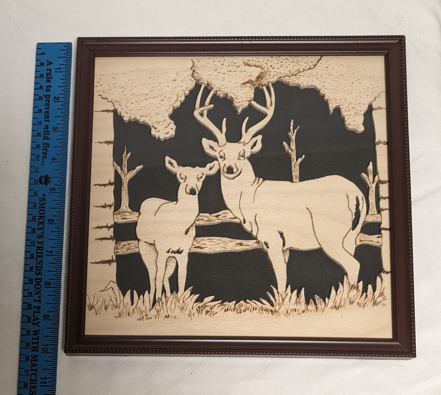 Art Hand Made Mixed Media Pyrography Scroll Sawn Portrait "Deer Scene"  Credited and Autographed In Frame under Glass