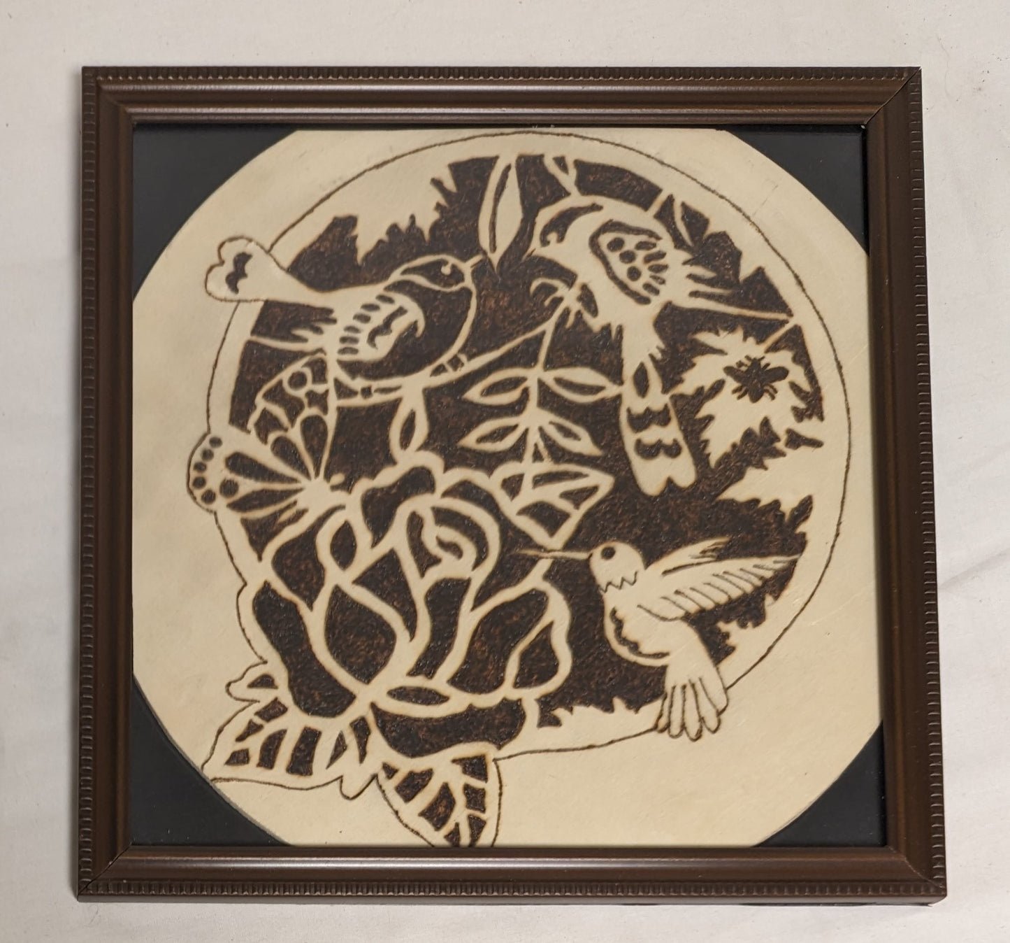 Art Vintage Handmade Pyrography Emblem on wood " Three Little Birds in Rose" in frame under glass